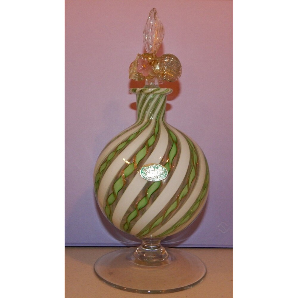 Balboa Perfume Decanter Murano Glass Green White Ornate Floral Stopper Footed